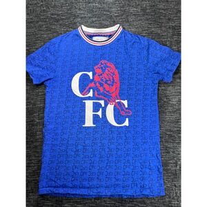 Chelsea FC T-Shirt Mens Small Blue All Over Monogram Print Lion Logo Graphic Tee